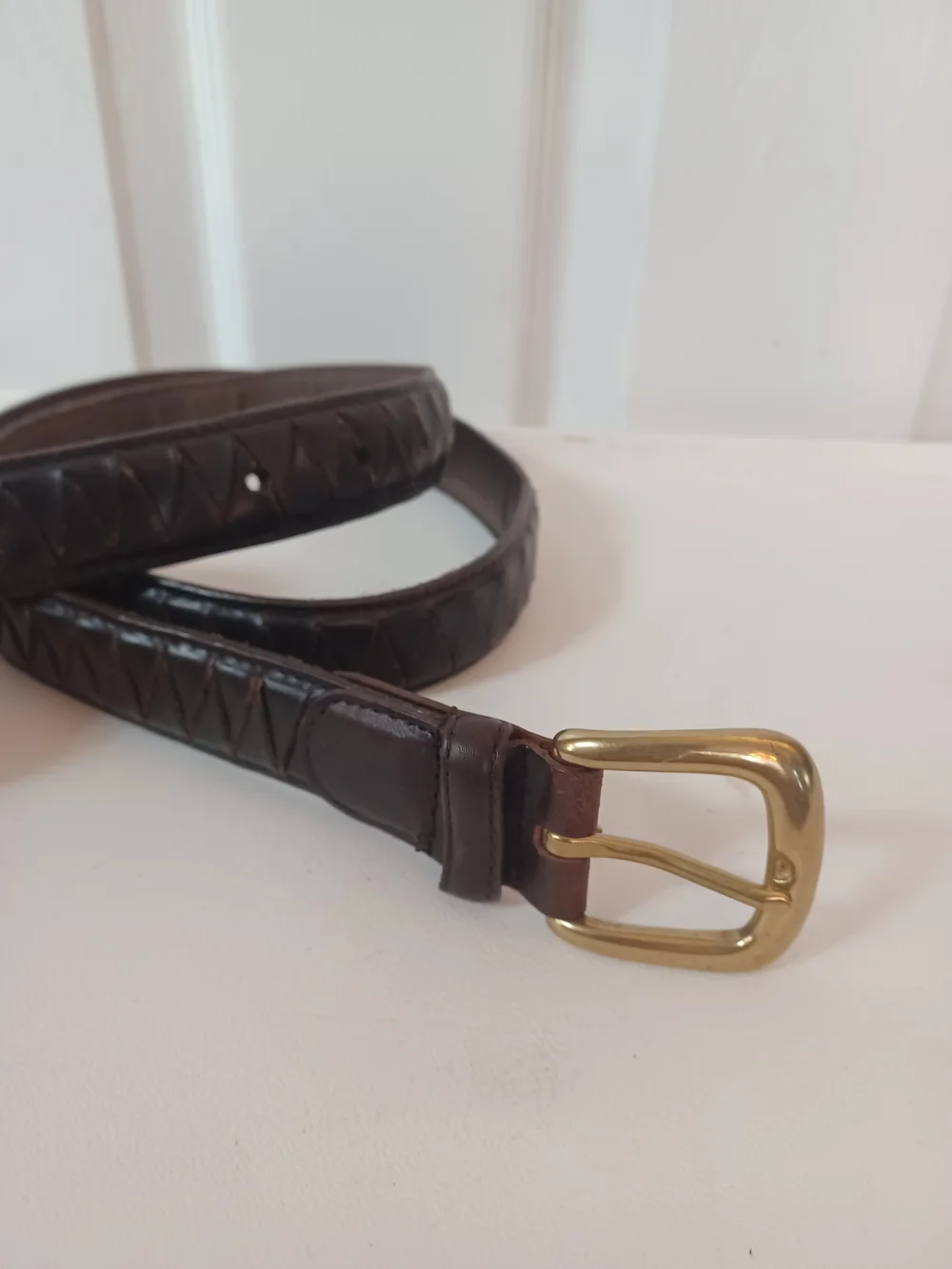 Vintage Brown Leather Belt Chevron Woven Panel Solid Brass Buckle Size 38